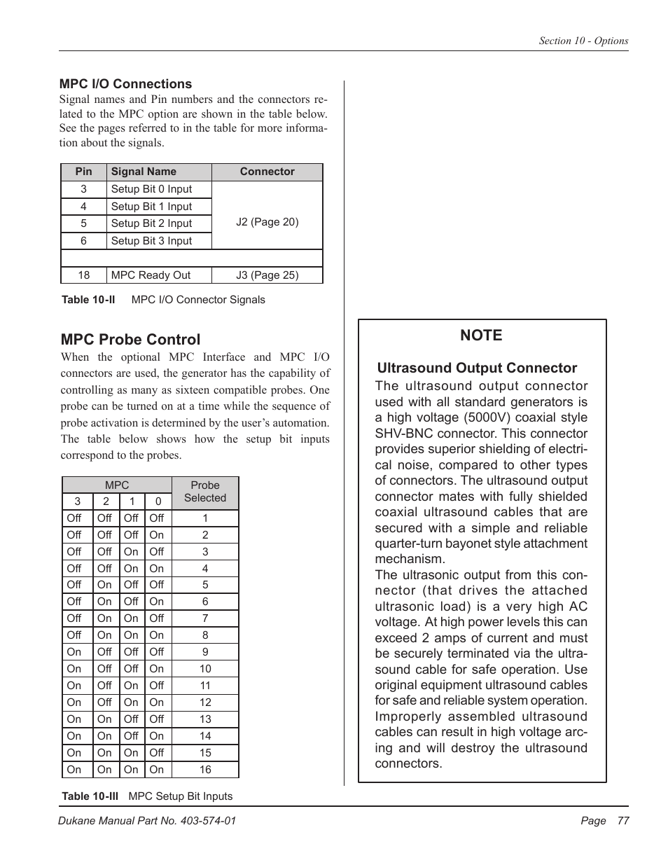 Mpc probe control, Ultrasound output connector | Dukane ULTRASONIC GENERATOR/POWER SUPPLY LS 403-574-01 User Manual | Page 83 / 136