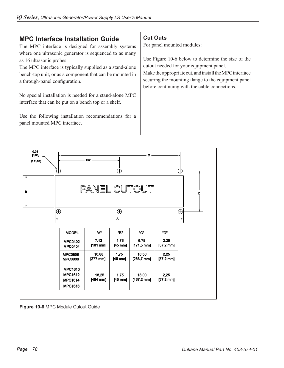 Mpc interface installation guide, Iq series, Cut outs | Dukane ULTRASONIC GENERATOR/POWER SUPPLY LS 403-574-01 User Manual | Page 84 / 136