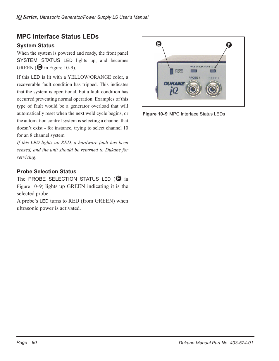 Mpc interface status leds | Dukane ULTRASONIC GENERATOR/POWER SUPPLY LS 403-574-01 User Manual | Page 86 / 136