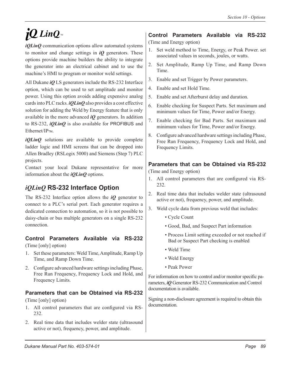 Iqlinq rs-232 interface option | Dukane ULTRASONIC GENERATOR/POWER SUPPLY LS 403-574-01 User Manual | Page 95 / 136