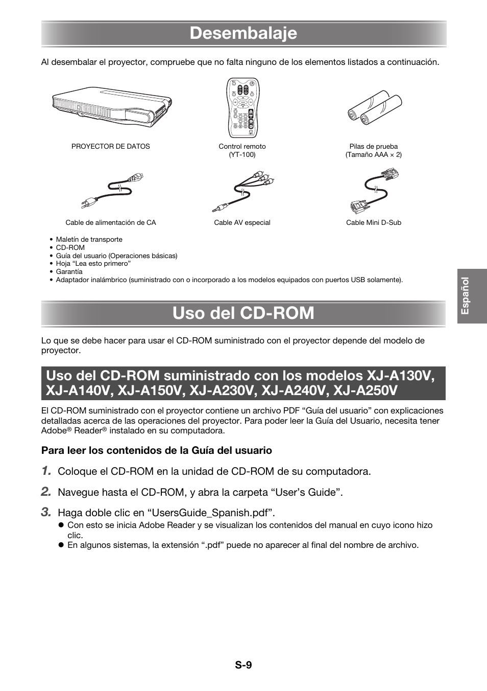 Desembalaje, Uso del cd-rom | Casio XJ-A130V Operaciones básicas User Manual | Page 10 / 38