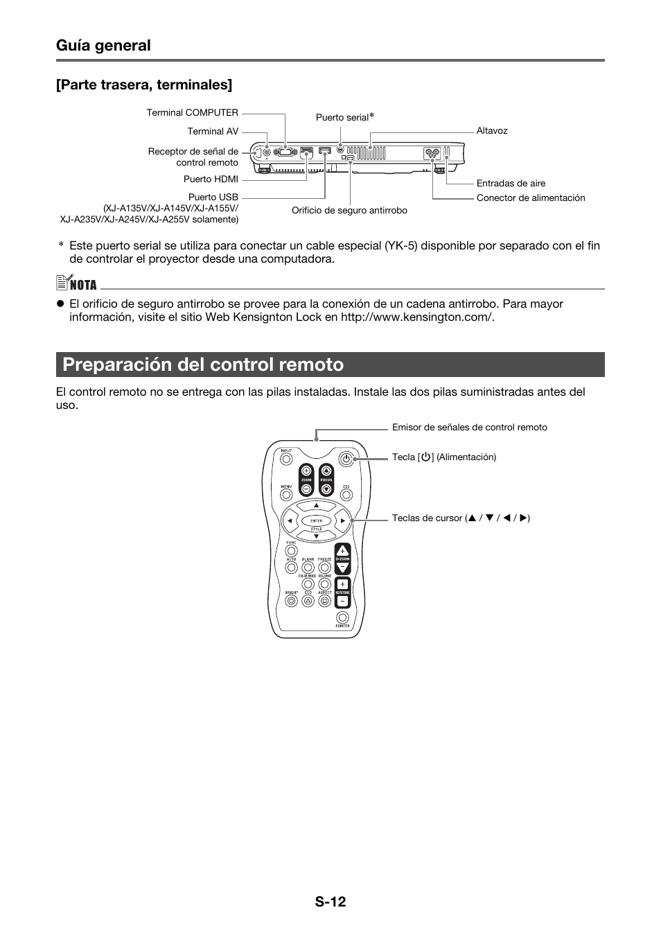 Preparación del control remoto, Guía general, S-12 [parte trasera, terminales | Casio XJ-A130V Operaciones básicas User Manual | Page 13 / 38