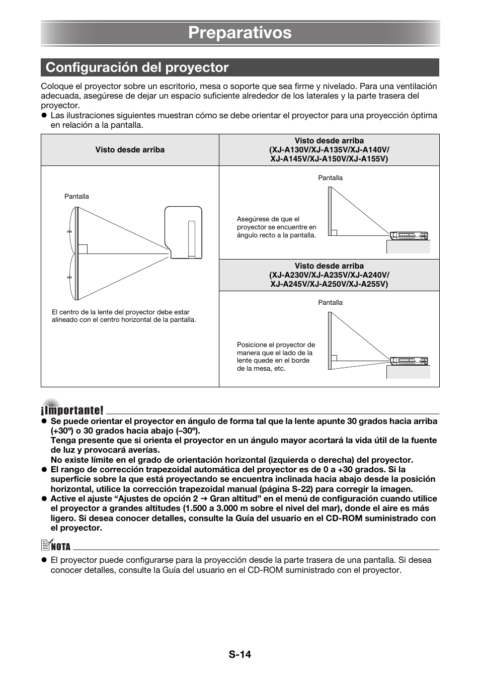 Preparativos, Configuración del proyector, Importante | Casio XJ-A130V Operaciones básicas User Manual | Page 15 / 38