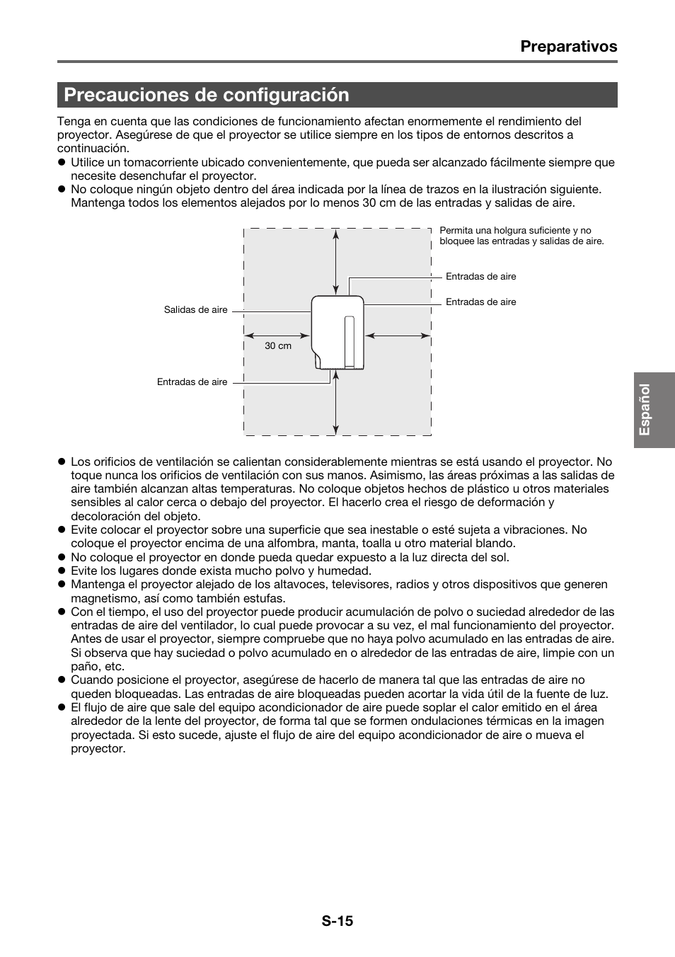 Precauciones de configuración, Preparativos | Casio XJ-A130V Operaciones básicas User Manual | Page 16 / 38