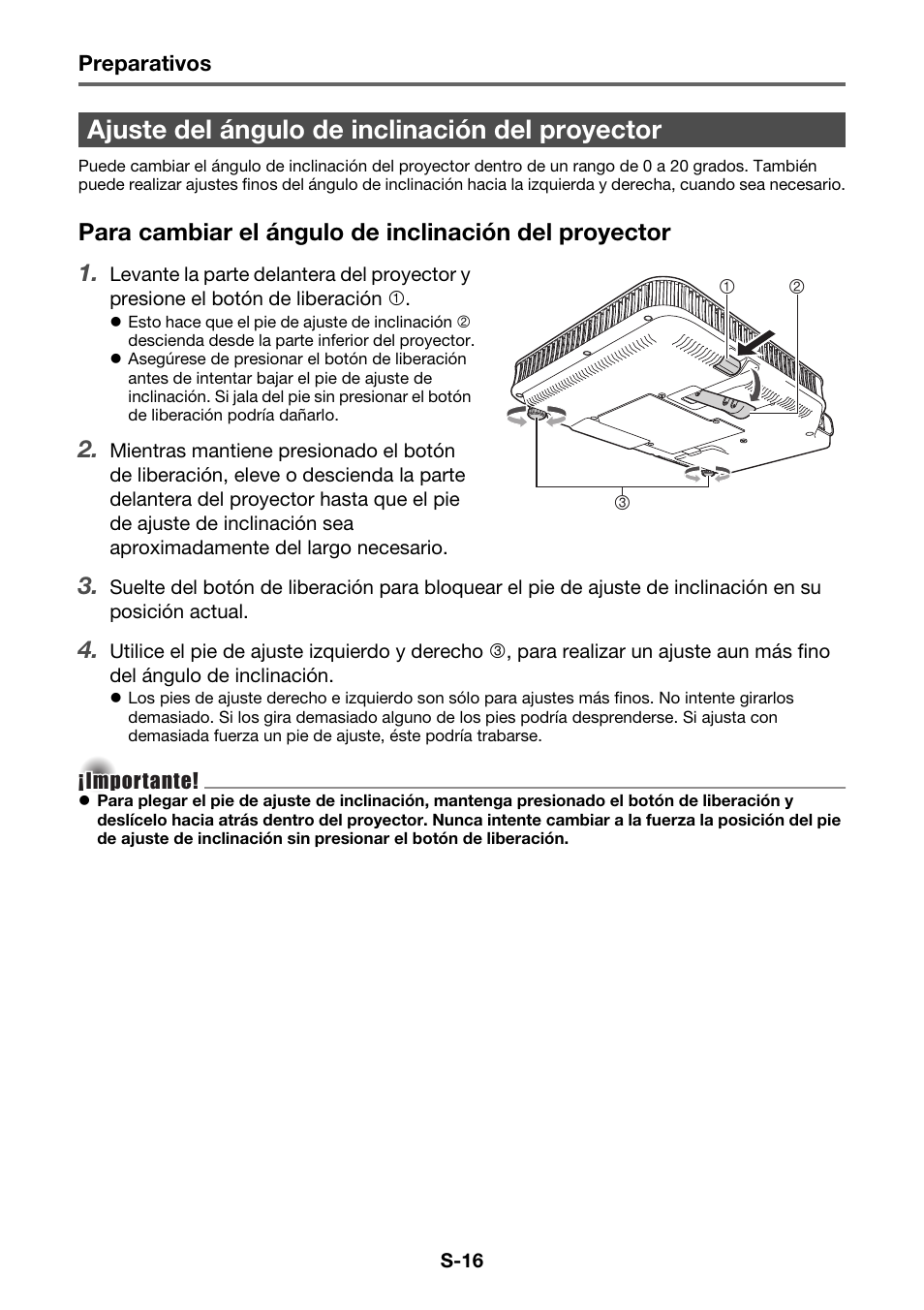 Ajuste del ángulo de inclinación del proyector | Casio XJ-A130V Operaciones básicas User Manual | Page 17 / 38