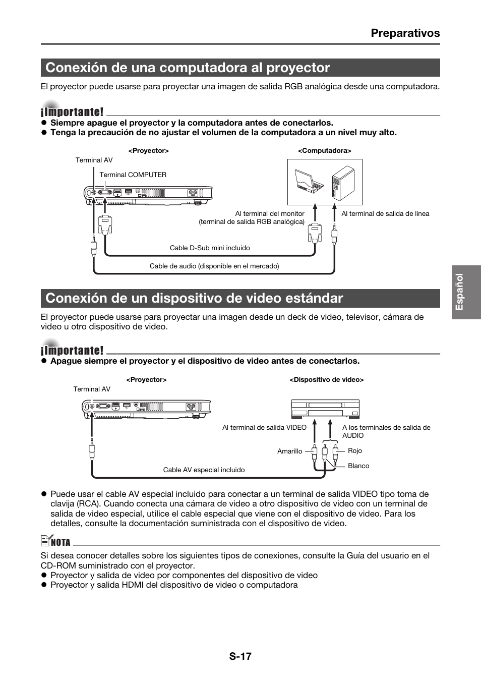 Preparativos, Importante, S-17 | Casio XJ-A130V Operaciones básicas User Manual | Page 18 / 38