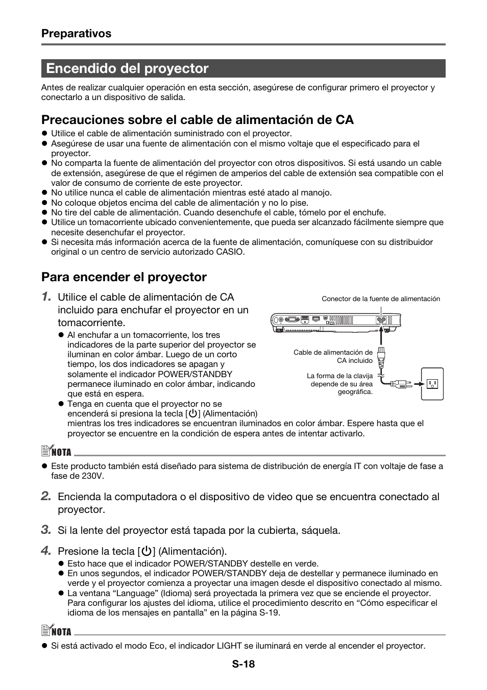 Encendido del proyector, Precauciones sobre el cable de alimentación de ca, Para encender el proyector 1 | Preparativos | Casio XJ-A130V Operaciones básicas User Manual | Page 19 / 38