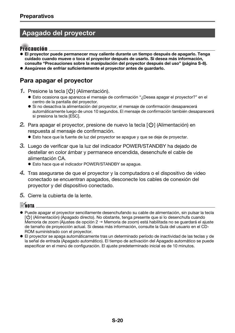 Apagado del proyector, Para apagar el proyector 1 | Casio XJ-A130V Operaciones básicas User Manual | Page 21 / 38