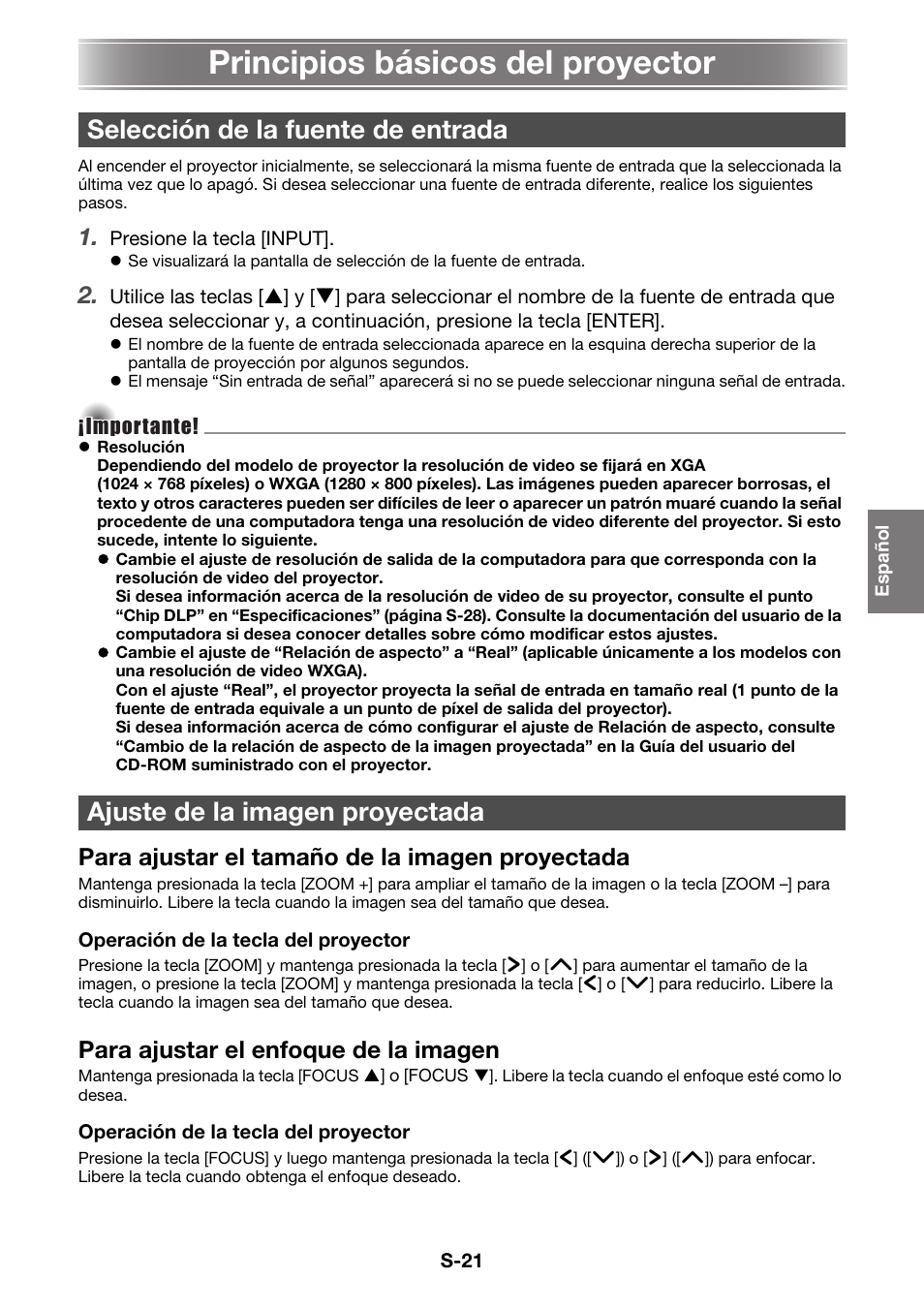 Principios básicos del proyector, Para ajustar el tamaño de la imagen proyectada, Para ajustar el enfoque de la imagen | Casio XJ-A130V Operaciones básicas User Manual | Page 22 / 38