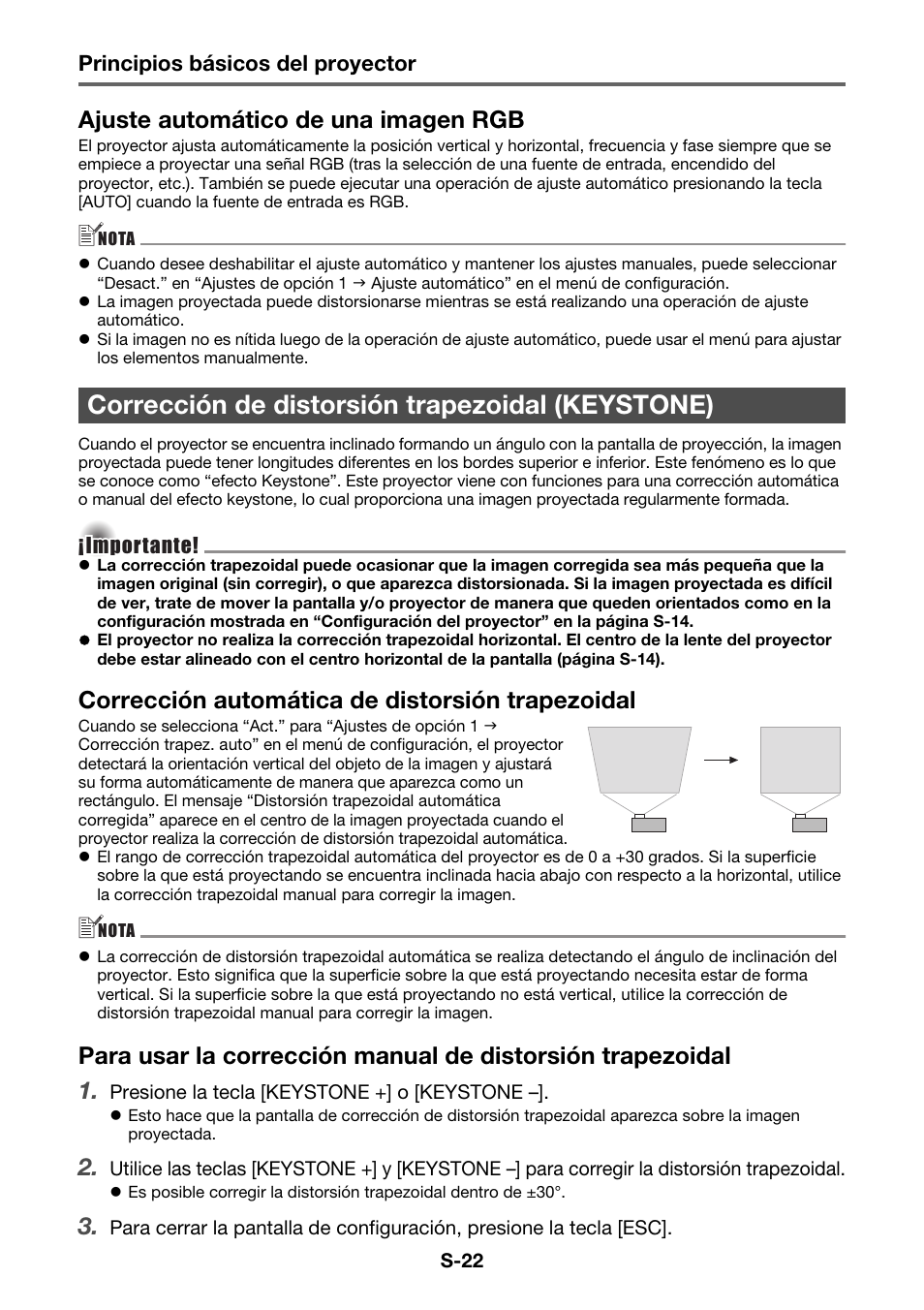 Corrección de distorsión trapezoidal (keystone), Ajuste automático de una imagen rgb, Corrección automática de distorsión trapezoidal | Casio XJ-A130V Operaciones básicas User Manual | Page 23 / 38
