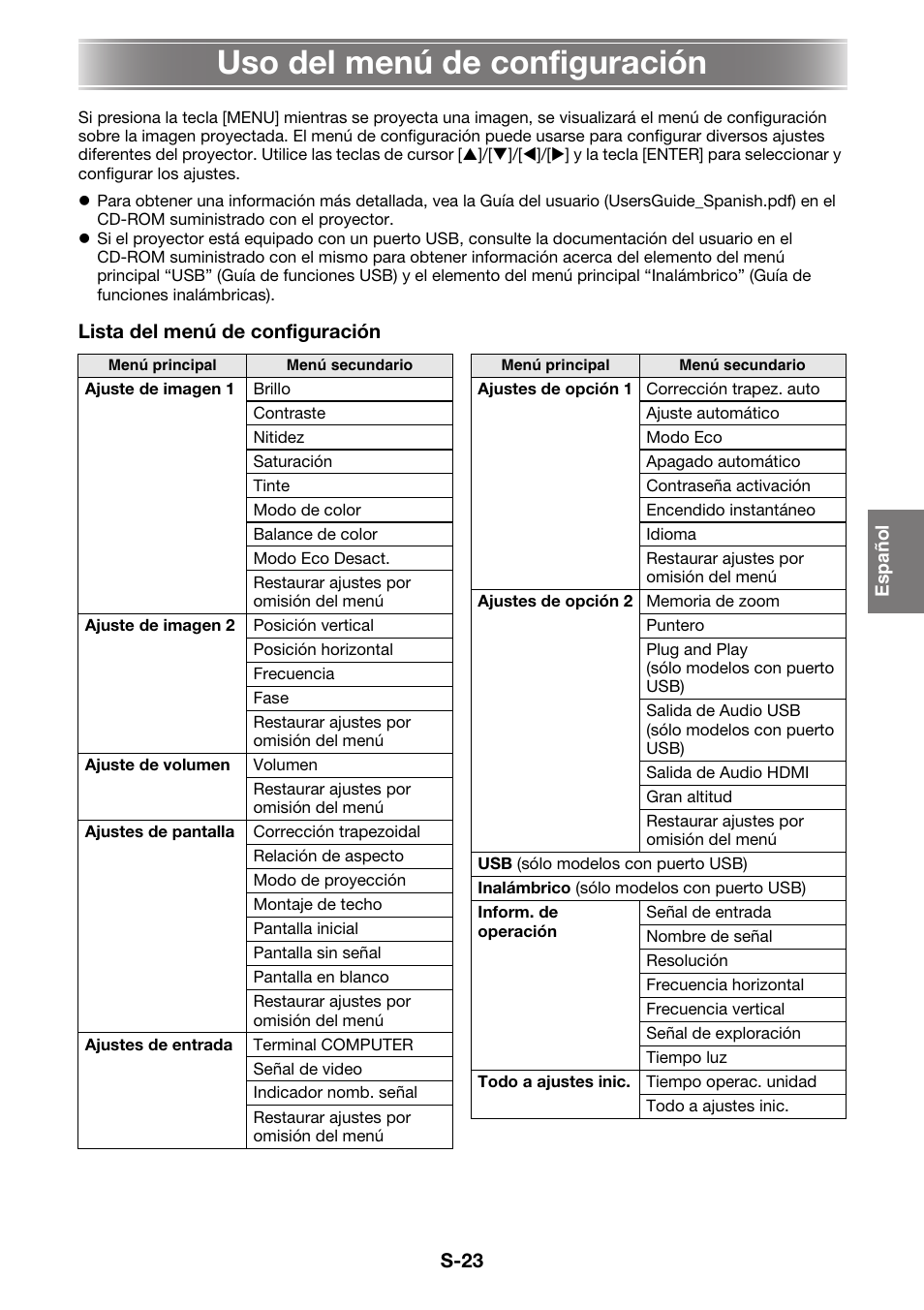 Uso del menú de configuración | Casio XJ-A130V Operaciones básicas User Manual | Page 24 / 38