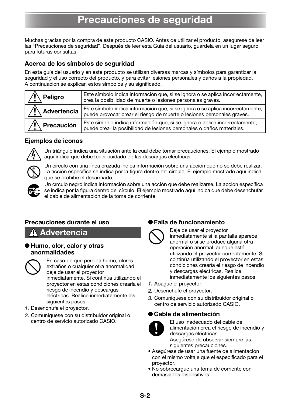 Precauciones de seguridad | Casio XJ-A130V Operaciones básicas User Manual | Page 3 / 38