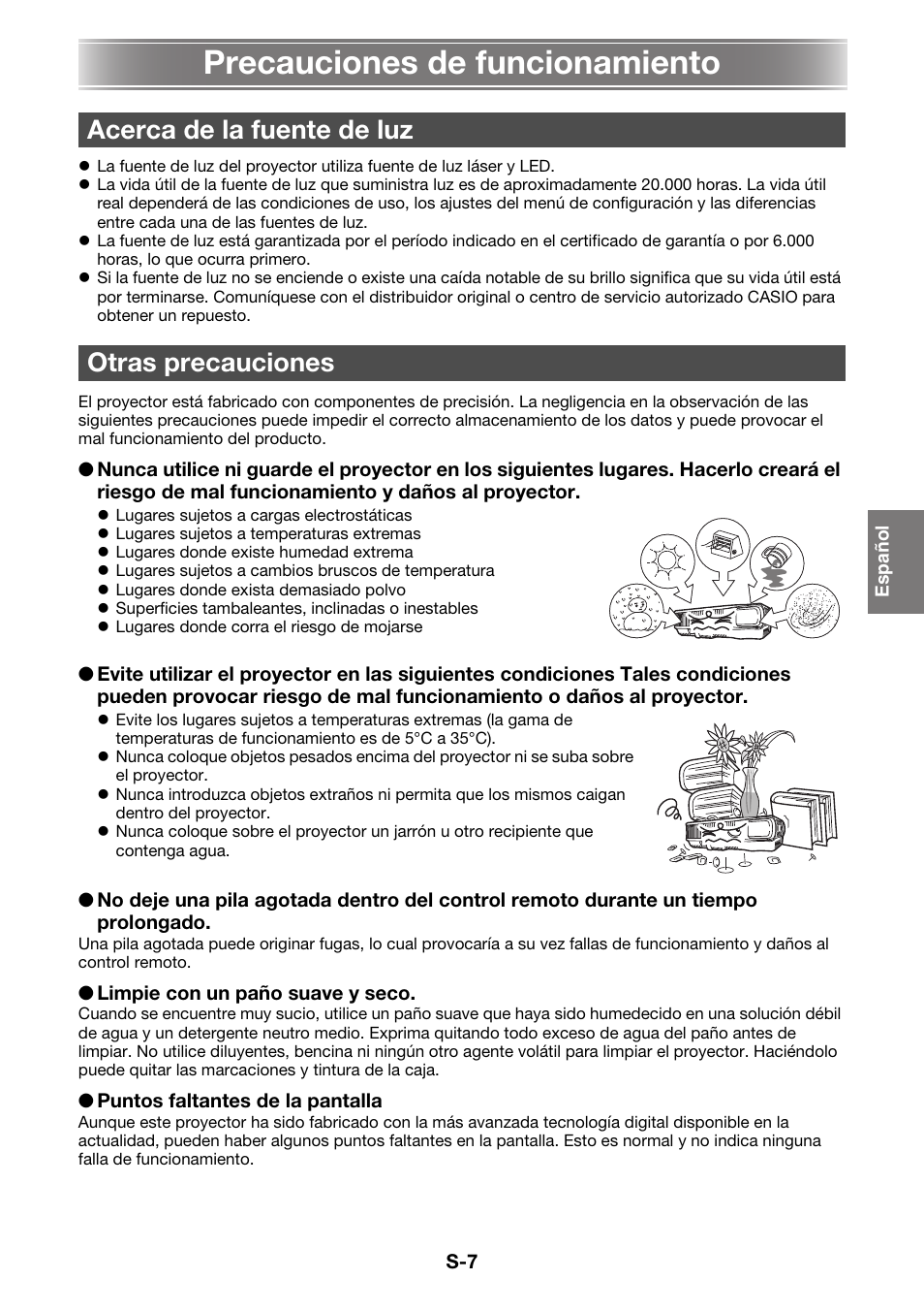 Precauciones de funcionamiento, Acerca de la fuente de luz otras precauciones | Casio XJ-A130V Operaciones básicas User Manual | Page 8 / 38