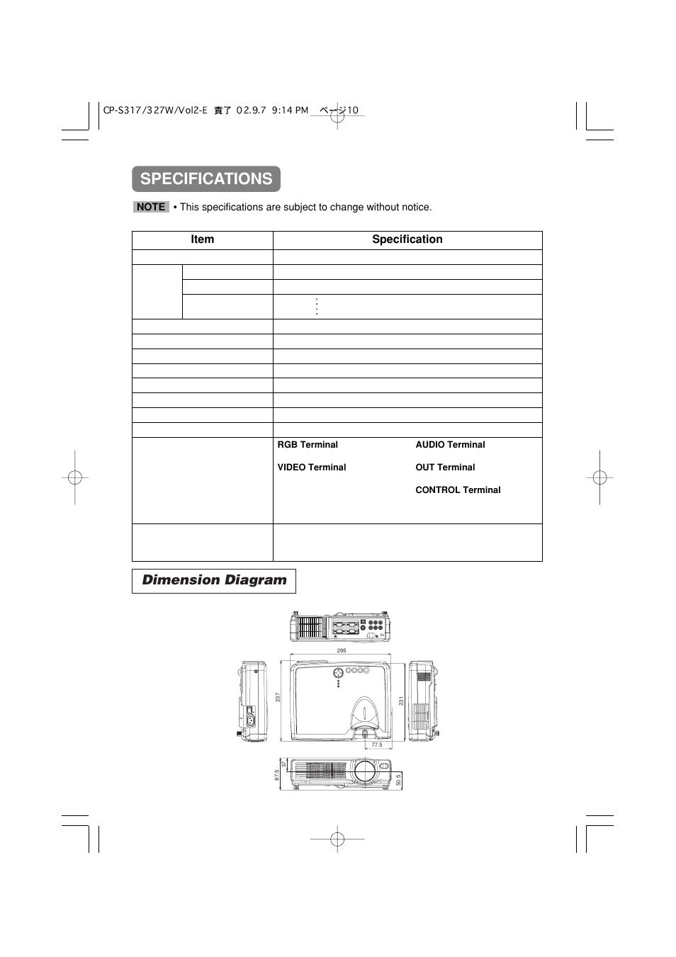 Specifications, Dimension diagram, Item specification | Dukane 28A8049A User Manual | Page 52 / 65