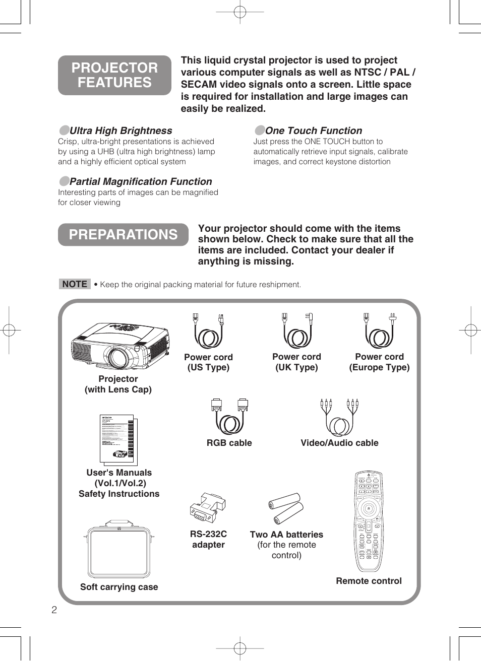 Preparations, Projector features, Ultra high brightness | Partial magnification function, One touch function, Projector (with lens cap) | Dukane 28A8247 User Manual | Page 10 / 62