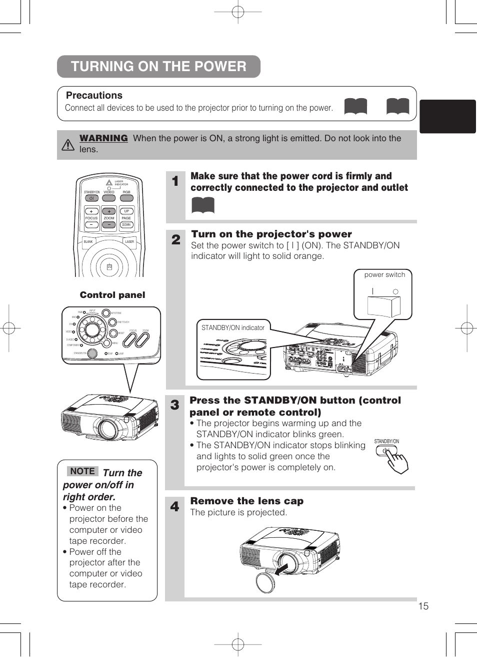 Turning on the power, Turn on the projector's power, Remove the lens cap | Precautions, Turn the power on/off in right order, The picture is projected | Dukane 28A8247 User Manual | Page 23 / 62