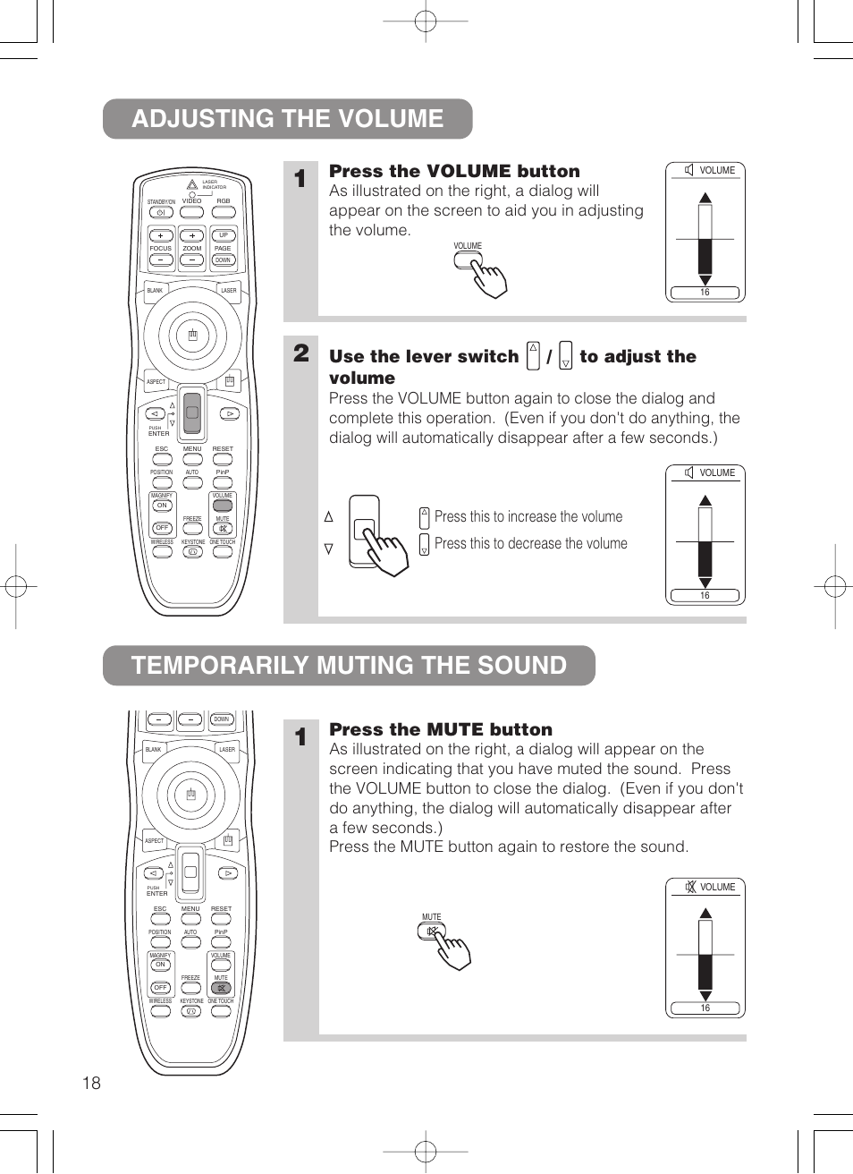 Adjusting the volume temporarily muting the sound, Press the volume button, Press the mute button | Use the lever switch / to adjust the volume | Dukane 28A8247 User Manual | Page 26 / 62