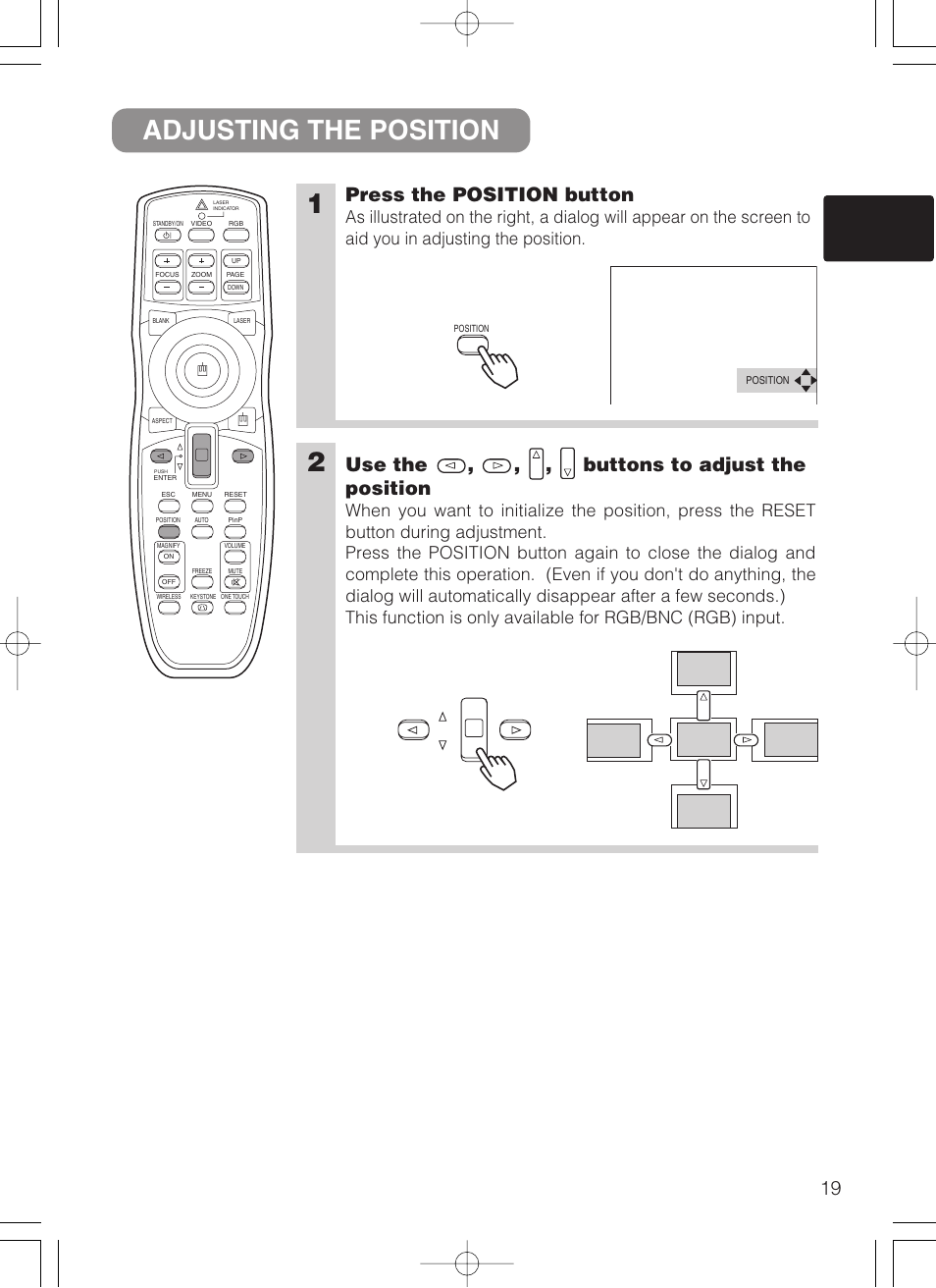 Adjusting the position, Press the position button, Use the , , , buttons to adjust the position | Dukane 28A8247 User Manual | Page 27 / 62