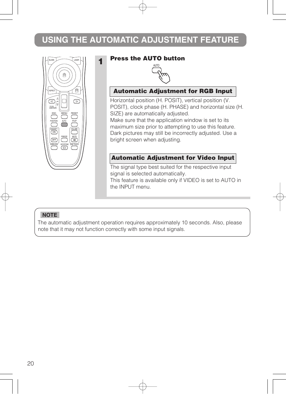 1using the automatic adjustment feature, Press the auto button | Dukane 28A8247 User Manual | Page 28 / 62