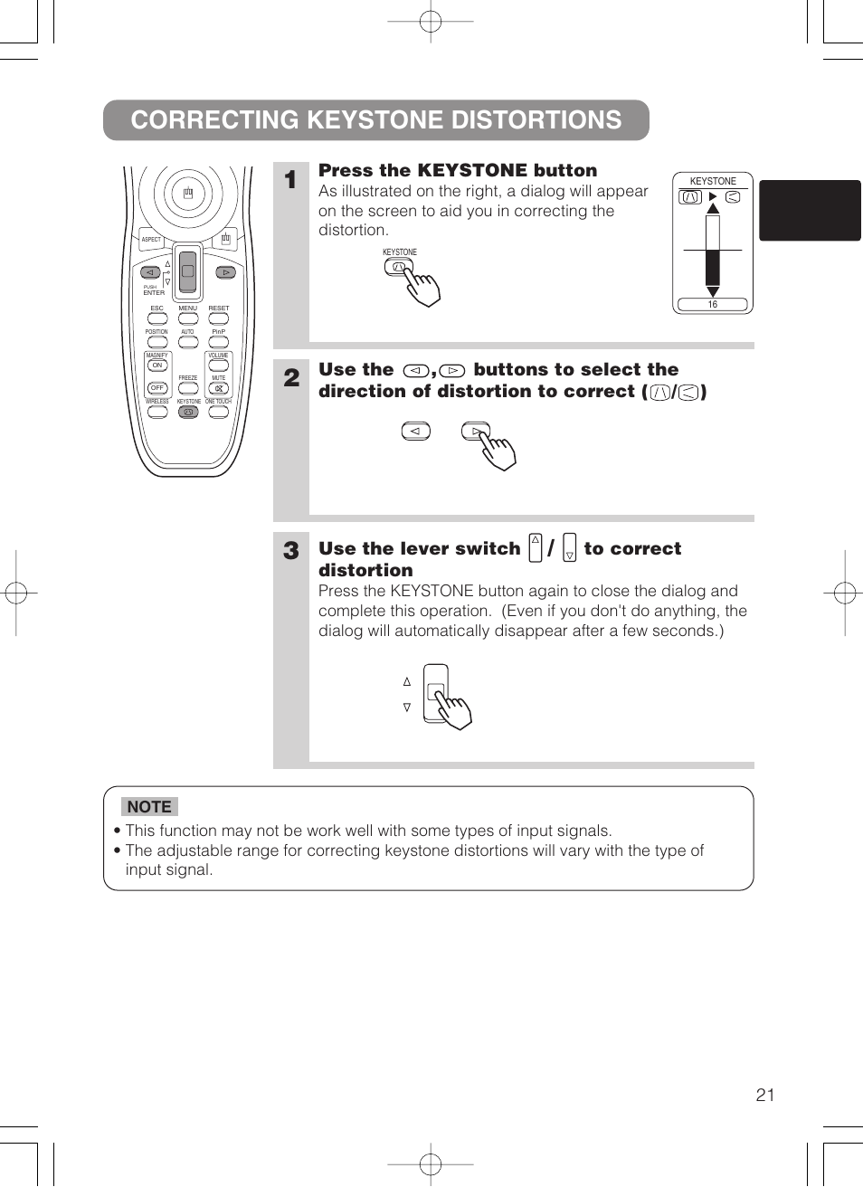 Correcting keystone distortions 1, Press the keystone button, Use the lever switch | Dukane 28A8247 User Manual | Page 29 / 62