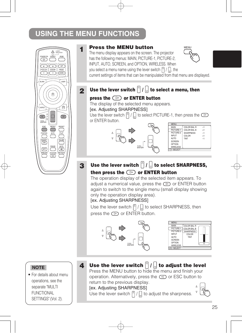 Using the menu functions 1, Press the menu button, Use the lever switch / to adjust the level | Dukane 28A8247 User Manual | Page 33 / 62