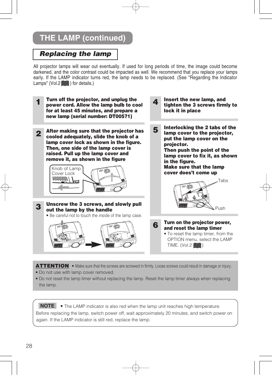 The lamp (continued), Replacing the lamp | Dukane 28A8247 User Manual | Page 36 / 62