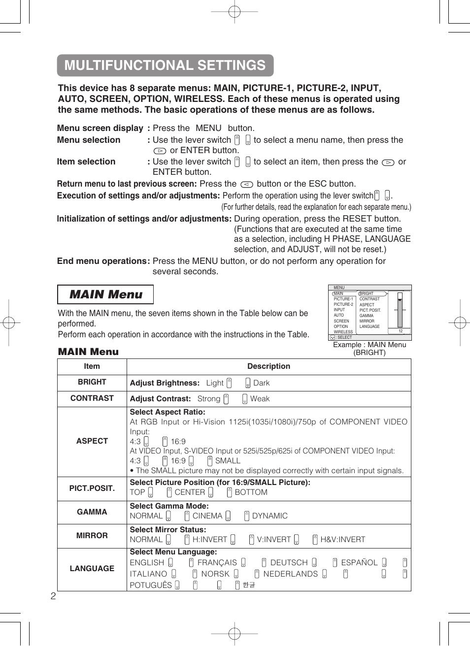 Multifunctional settings, Main menu, Main menu 2 | Dukane 28A8247 User Manual | Page 41 / 62