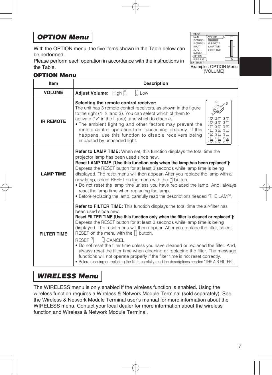 Option menu, Wireless menu | Dukane 28A8247 User Manual | Page 46 / 62