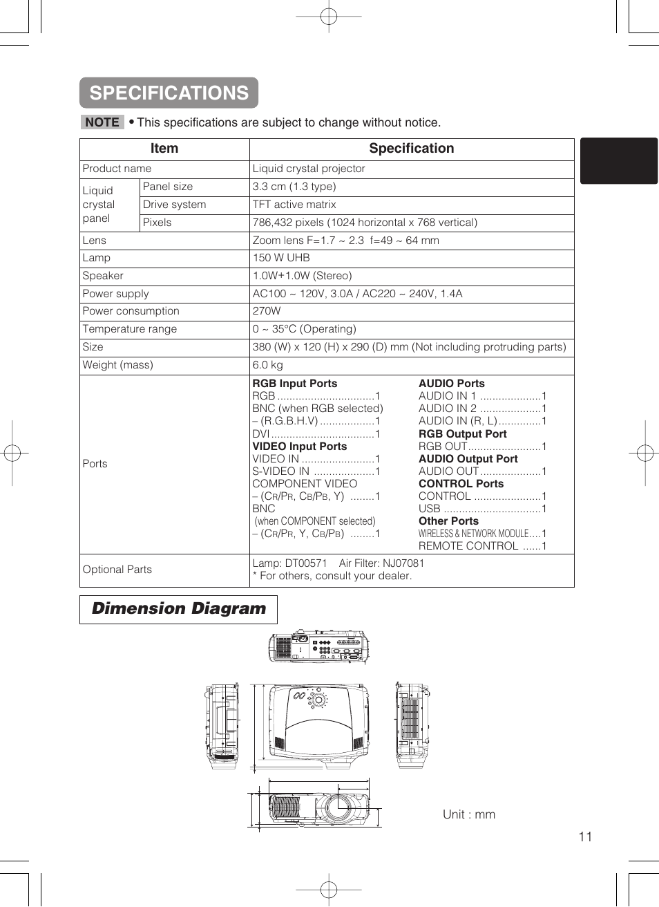 Specifications, Dimension diagram, 11 item specification | Dukane 28A8247 User Manual | Page 50 / 62