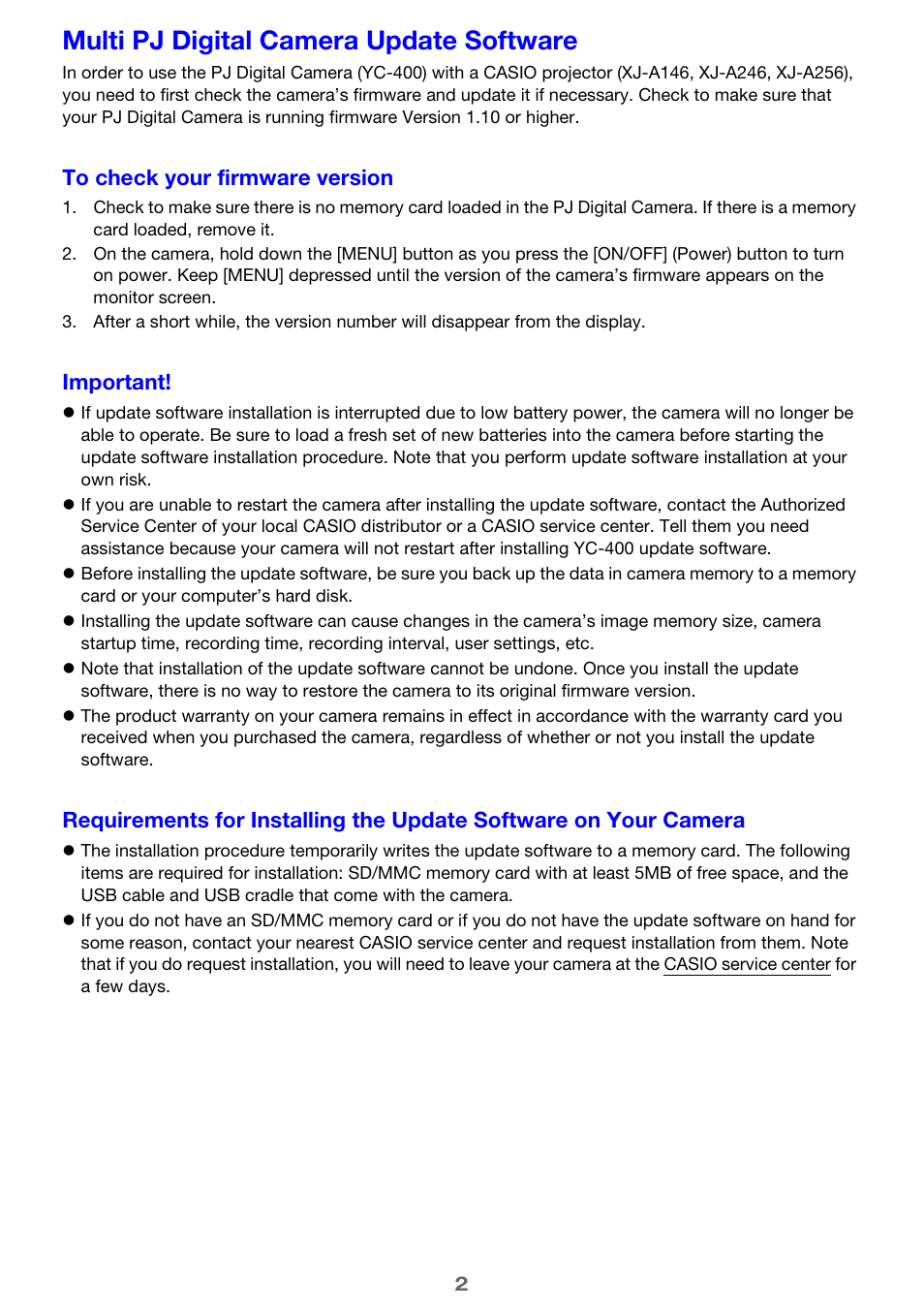 Multi pj digital camera update software | Casio XJ-A146 User Manual | Page 2 / 3