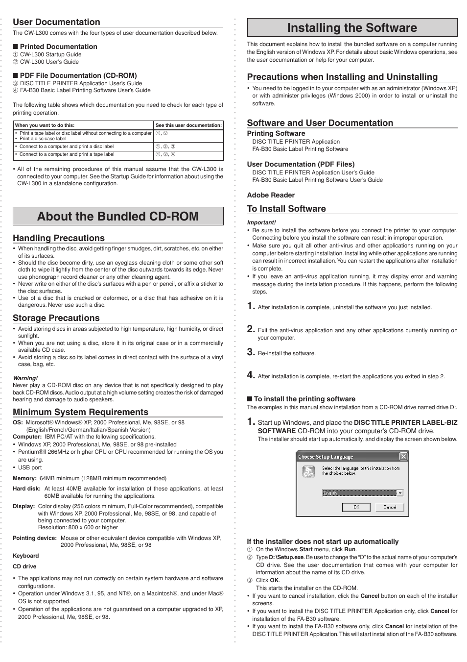About the bundled cd-rom, Installing the software, User documentation | Handling precautions, Storage precautions, Minimum system requirements, Precautions when installing and uninstalling, Software and user documentation | Casio CW-L300 Read This First User Manual | Page 2 / 4