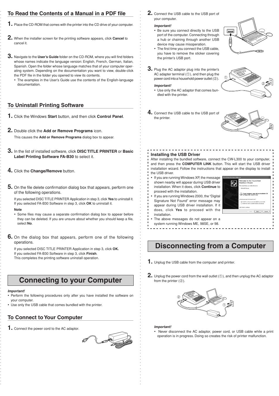 Disconnecting from a computer, Connecting to your computer | Casio CW-L300 Read This First User Manual | Page 4 / 4