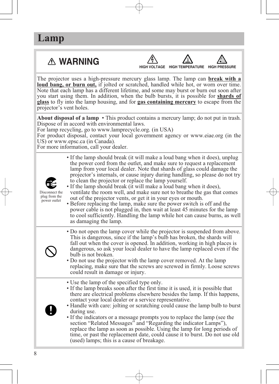 Lamp, Warning | Dukane ImagePro 8915 User Manual | Page 10 / 84