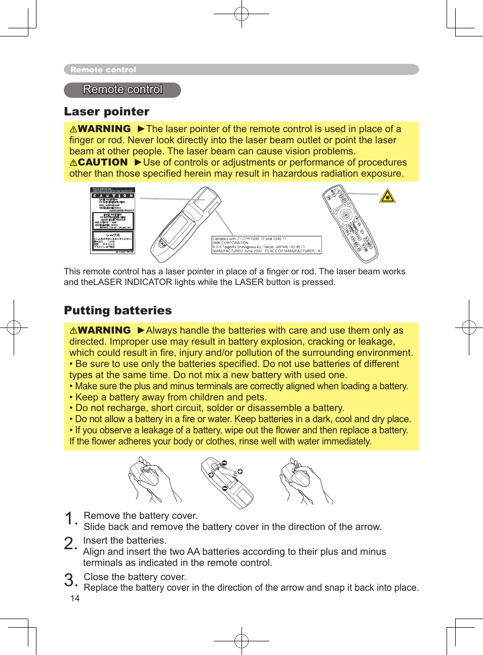 Putting batteries, Laser pointer, Remote control | Las er ind ica tor | Dukane ImagePro 8915 User Manual | Page 26 / 84