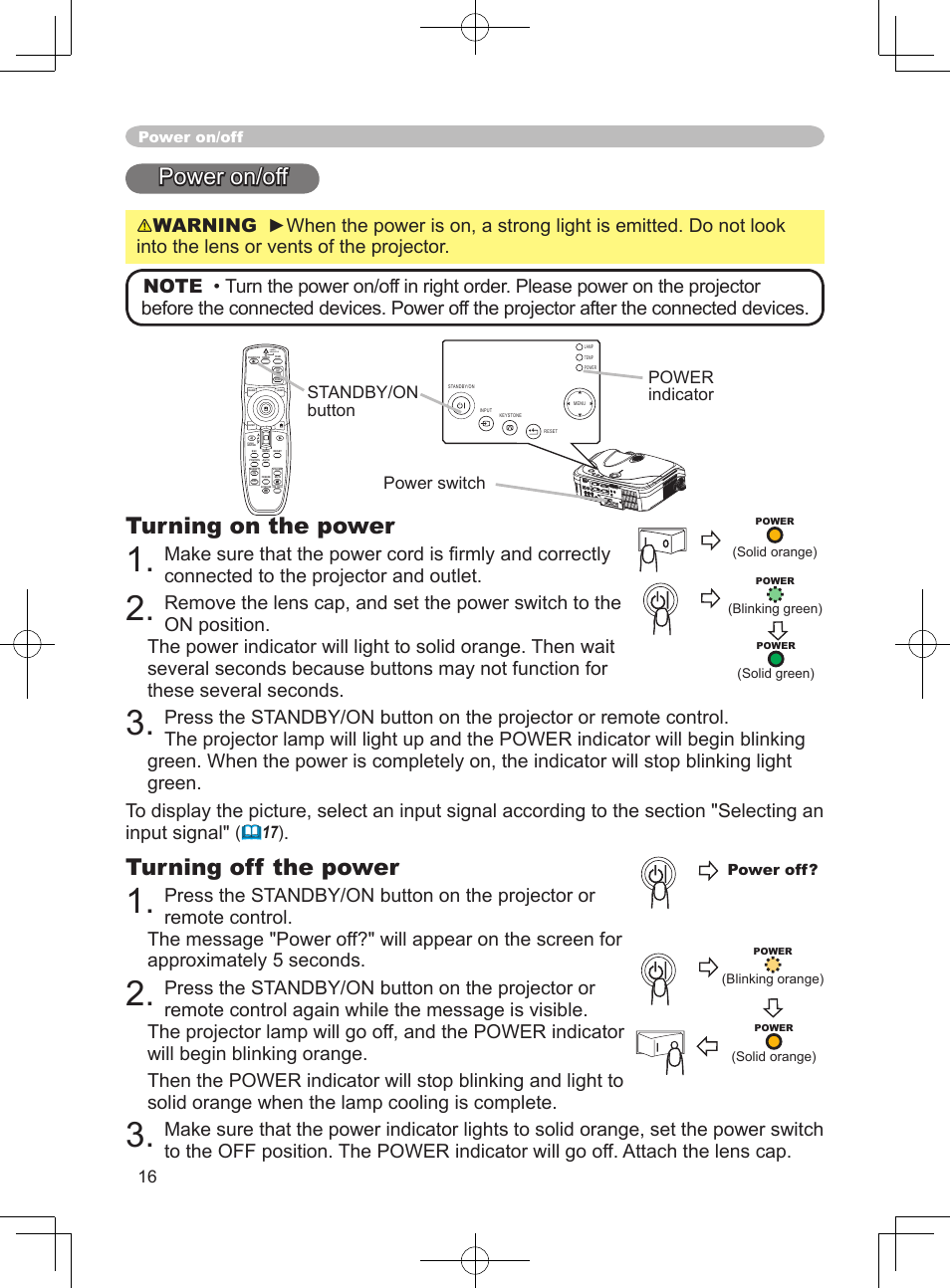 Power on/off, Turning on the power, Turning off the power | Power switch standby/on button power indicator | Dukane ImagePro 8915 User Manual | Page 28 / 84