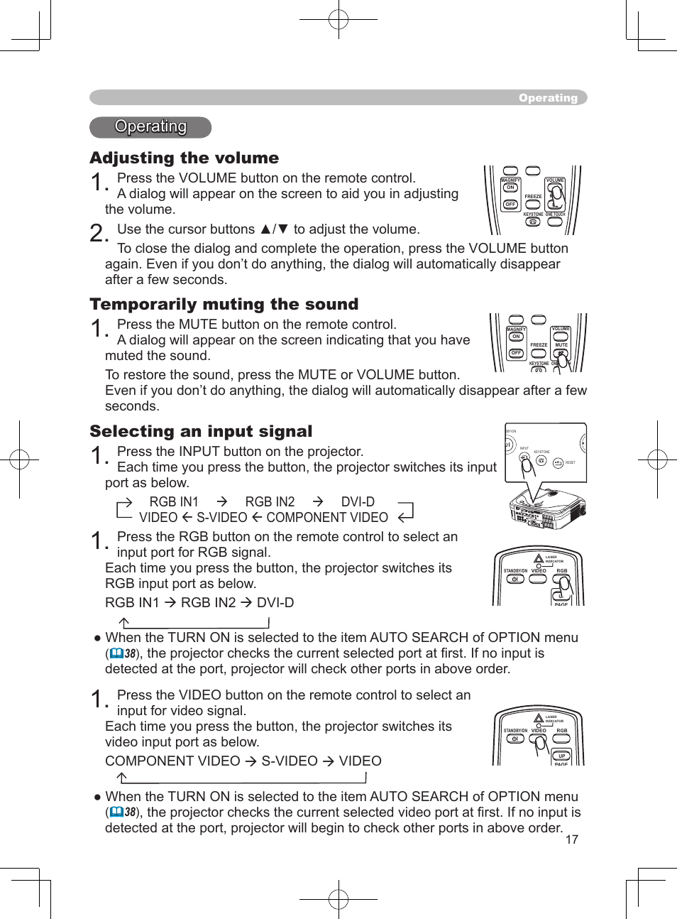 Operating adjusting the volume, Temporarily muting the sound, Selecting an input signal | Operating | Dukane ImagePro 8915 User Manual | Page 29 / 84