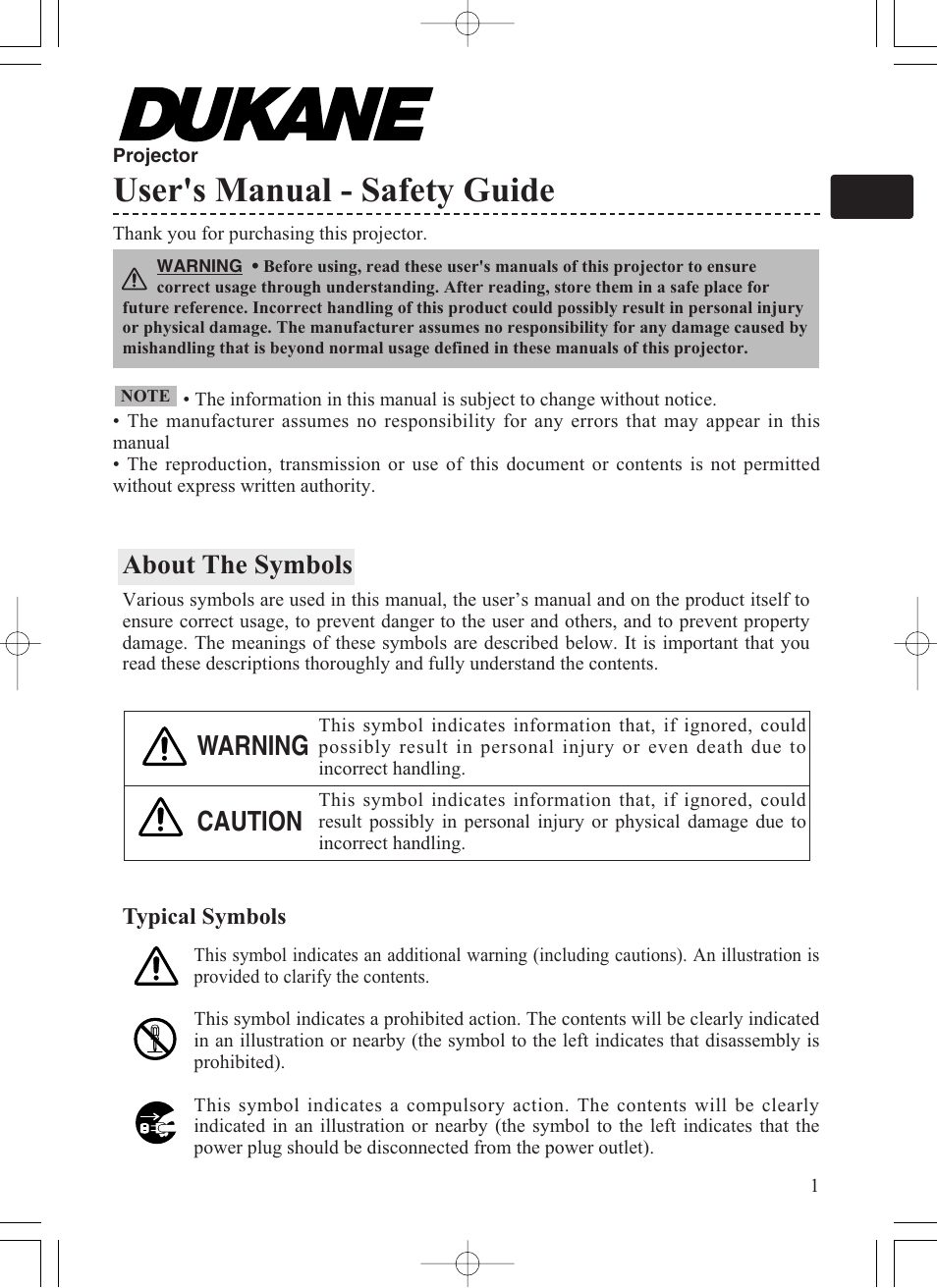 User's manual - safety guide, About the symbols, Warning | Caution | Dukane ImagePro 8915 User Manual | Page 3 / 84