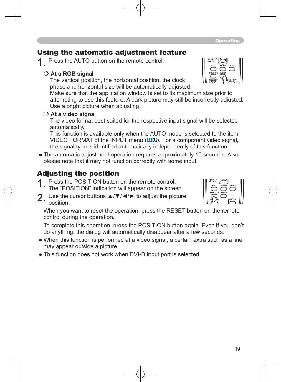 Using the automatic adjustment feature, Adjusting the position | Dukane ImagePro 8915 User Manual | Page 31 / 84