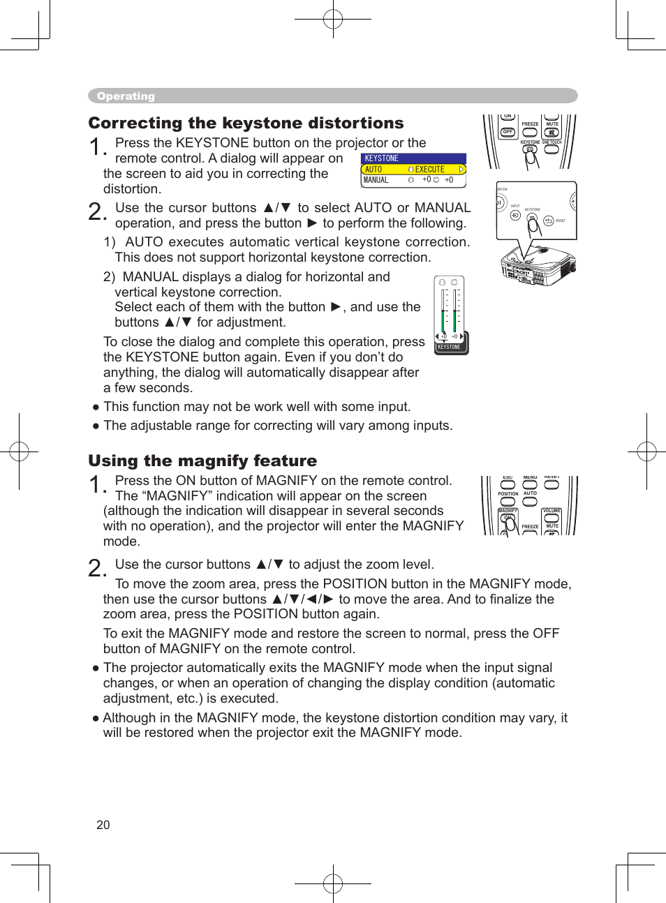Using the magnify feature, Correcting the keystone distortions | Dukane ImagePro 8915 User Manual | Page 32 / 84