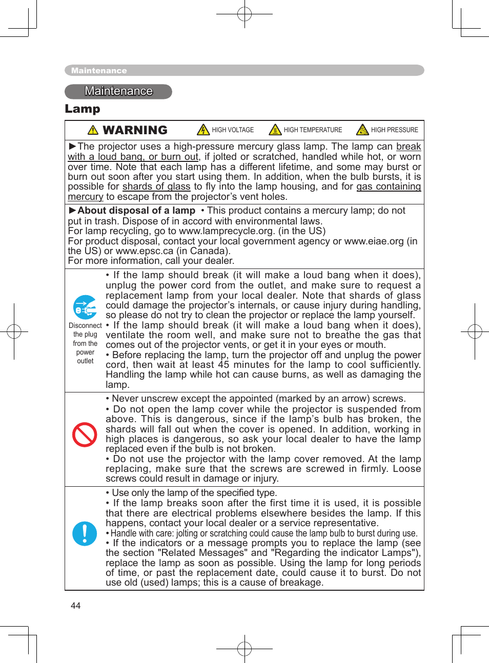 Maintenance lamp warning | Dukane ImagePro 8915 User Manual | Page 56 / 84