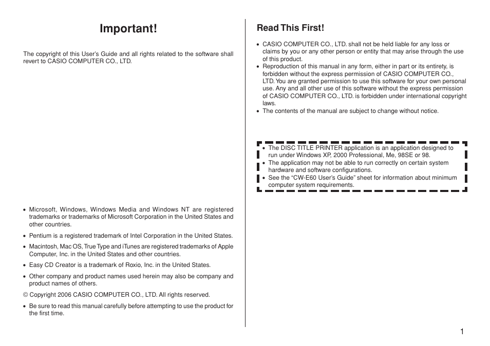 Important, Read this first | Casio CW-L300 User Manual | Page 2 / 66