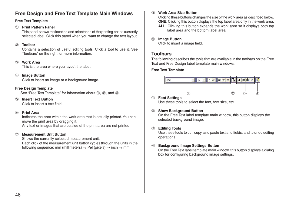 46 free design and free text template main windows, Toolbars | Casio CW-L300 User Manual | Page 47 / 66