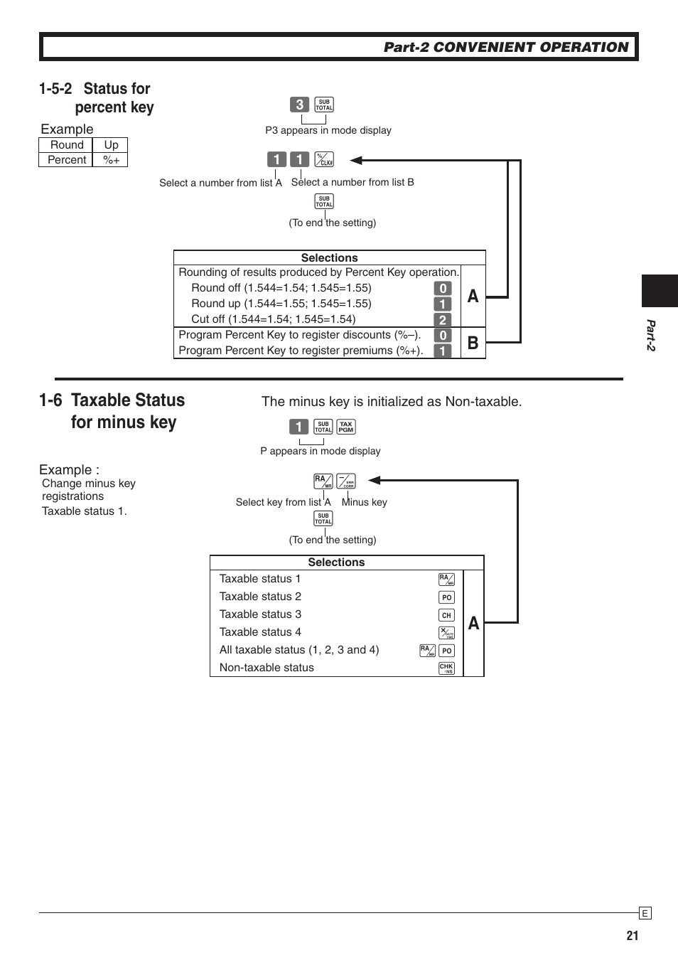 6 taxable status for minus key, 5-2 status for percent key | Casio 140CR User Manual | Page 21 / 40