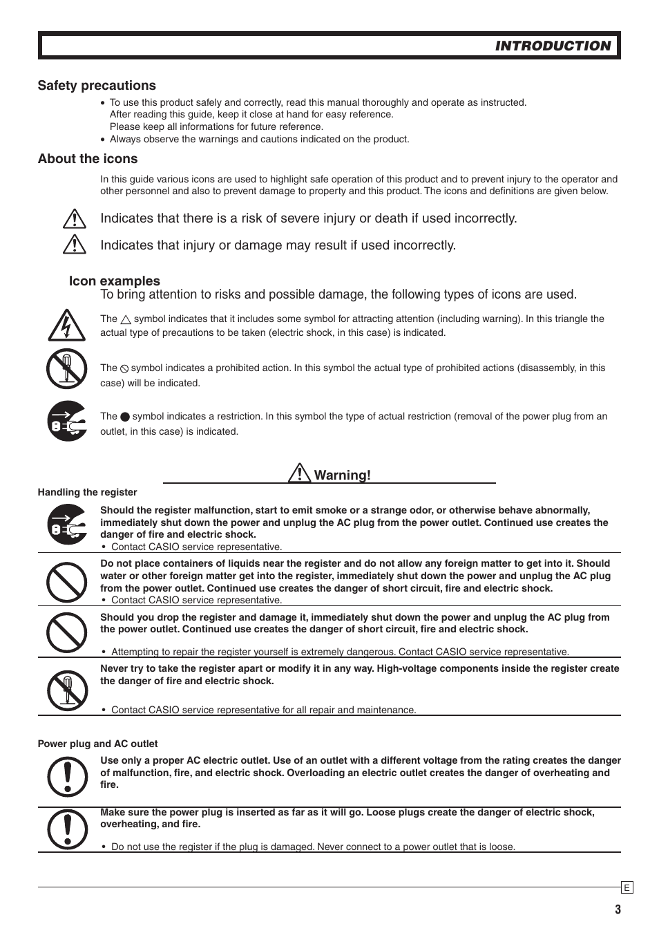 Introduction safety precautions, About the icons, Warning | Casio 140CR User Manual | Page 3 / 40