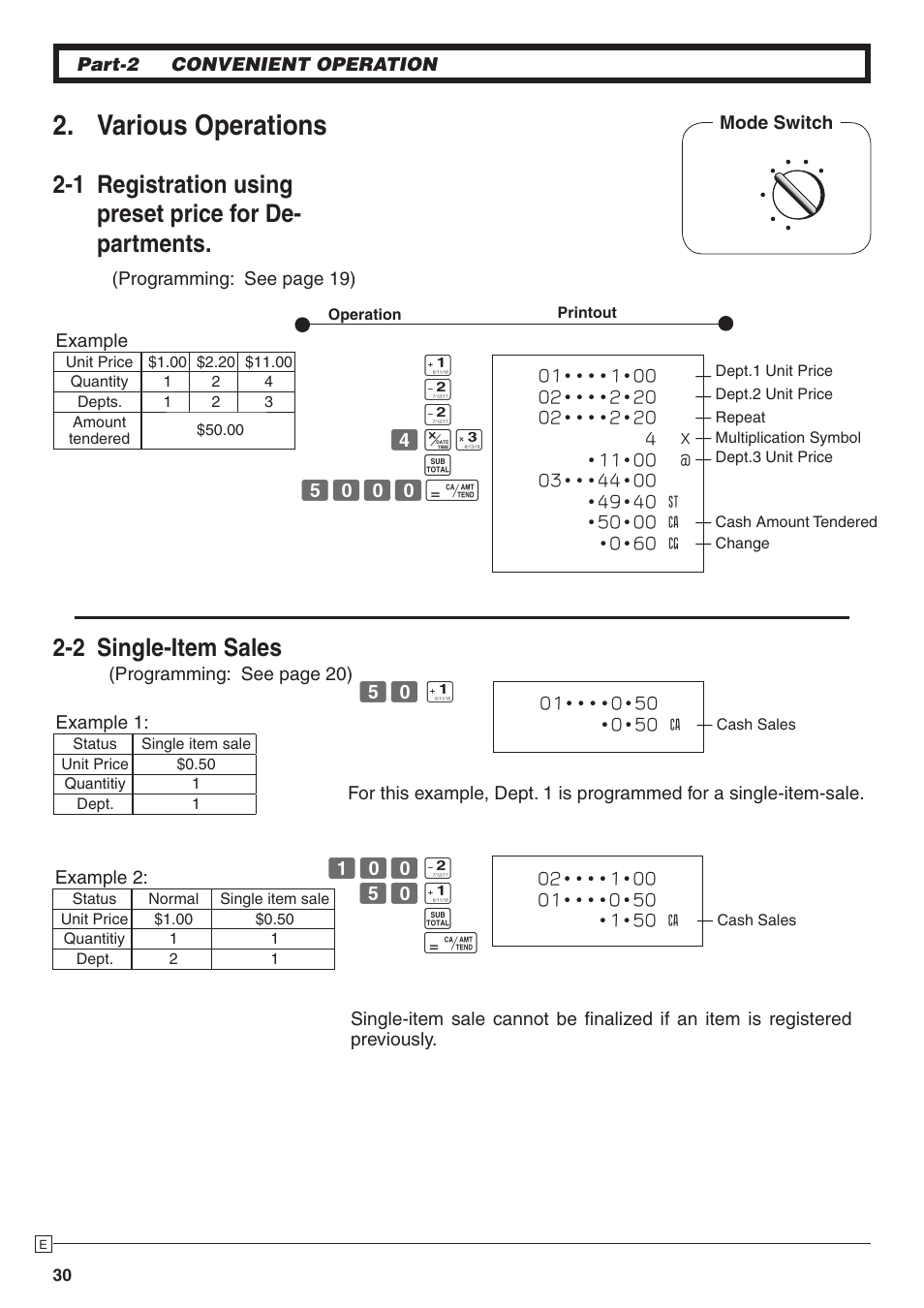 Various operations, 2 single-item sales | Casio 140CR User Manual | Page 30 / 40
