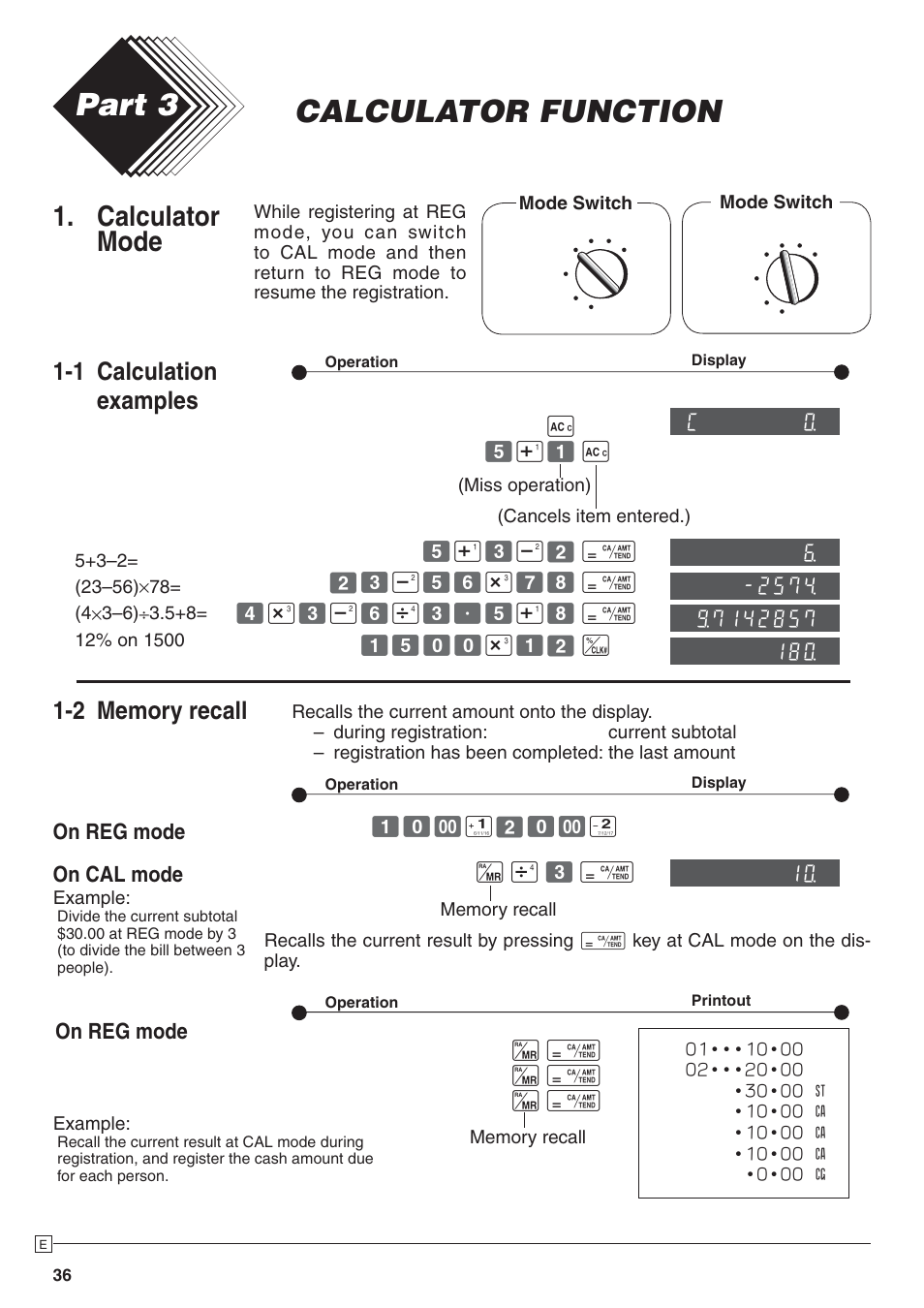 Calculator function part 3, Calculator mode, 1 calculation examples | On reg mode on cal mode, On reg mode | Casio 140CR User Manual | Page 36 / 40