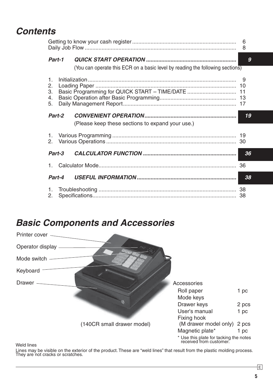 Basic components and accessories contents | Casio 140CR User Manual | Page 5 / 40