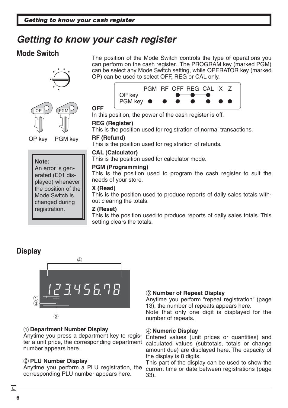 Getting to know your cash register, Display, Mode switch | Casio 140CR User Manual | Page 6 / 40