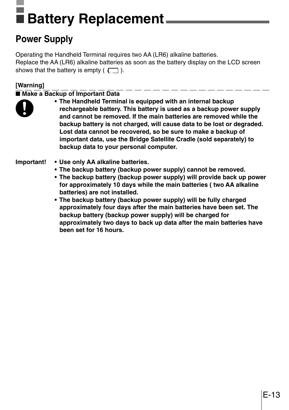 Battery replacement, Power supply, E-13 | Casio DT-300M60E User Manual | Page 11 / 27