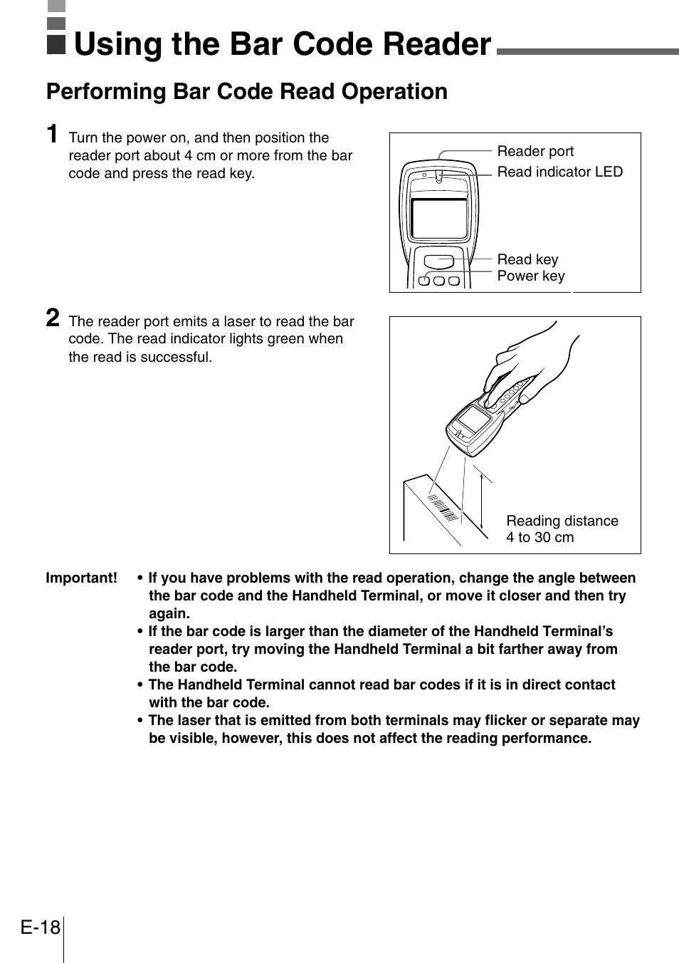 Using the bar code reader, Performing bar code read operation | Casio DT-300M60E User Manual | Page 16 / 27